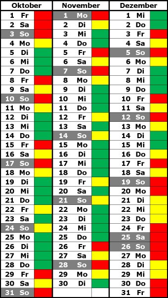 Kalender mit Farbabstufungen